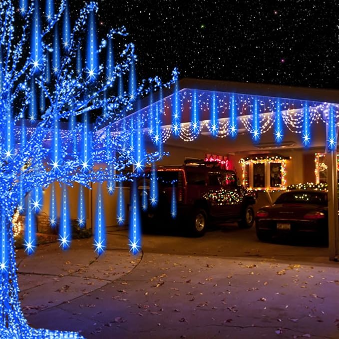 Aukora Blue Christmas Lights Outdoor, UL Plug 24 Tubes 576 LEDs Meteor Shower Light, Tandemable Icicle Snow Falling Rain Lights for Xmas Tree Halloween Decorations Wedding Party Holiday Garden Decor