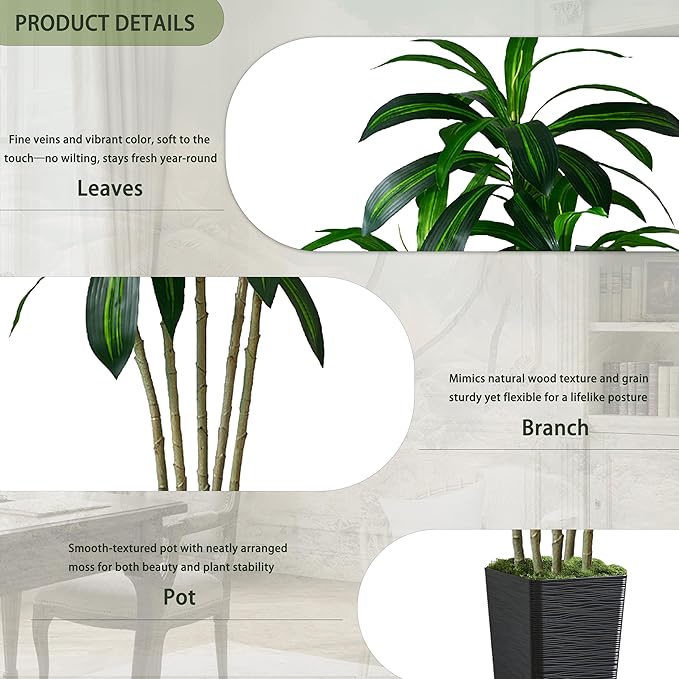 Artificial Dracaena Tree-5FT Tall Fake Plants with Black Tall Square Planter-Artificial Plants Indoor Floor Plant in Pot-Large Tropical Fake Yucca Potted Tree for Home Office Living Room Decor