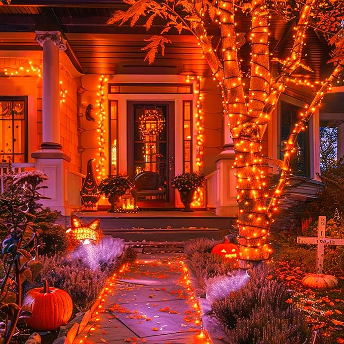 JMEXSUSS 600 LED Orange Solar Halloween Lights, 206.7 ft Solar String Lights Outdoor Waterproof, 8 Modes Orange String Light for Outside Tree Patio Bushes Halloween Decorations