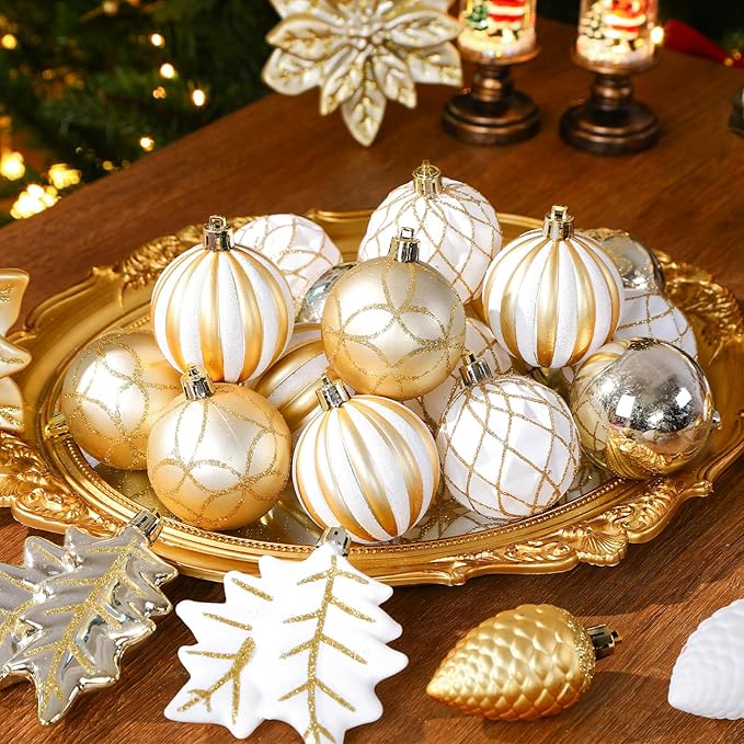SHareconn 106PCS Christmas Balls Ornaments Set, Colorful Shatterproof Plastic Decorative Baubles for Xmas Tree Decor Holiday Wedding Party Decoration with Hanging Hooks, Gold &White