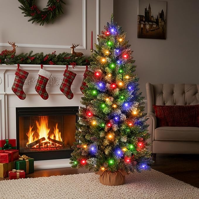 4FT Mini Christmas Tree,Tabletop Christmas Tree with Cloth Bag Base and Colorful LED Light Prelit Christmas Artificial with Pine Cones for Outdoor Indoor Porch Table Xmas