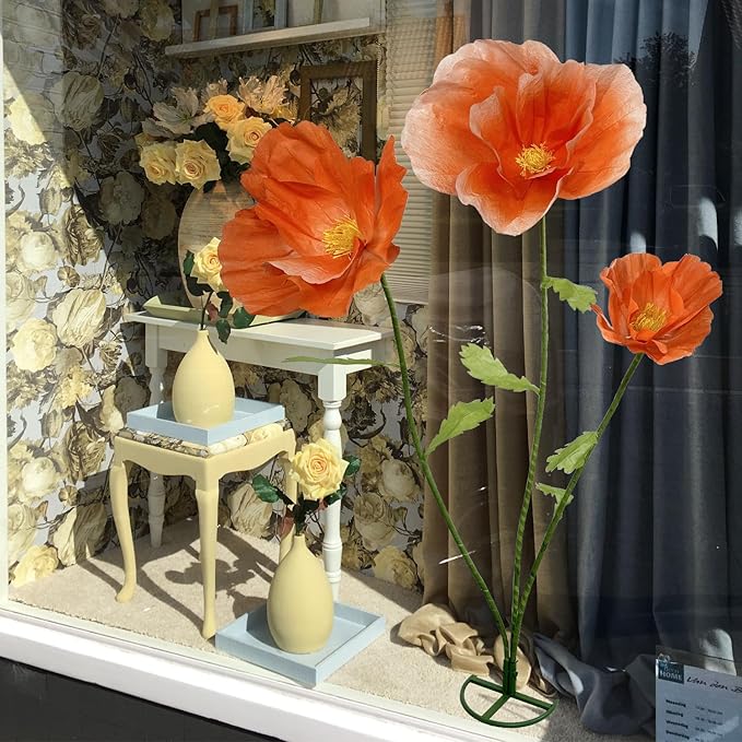 3pc Large Paper Artificial Flowers, Giant Flower for Decoration,Standing Huge Handcrafted Flowers for Garden, Hotel, Office, Photography Props, Wedding,Art Gallery, Shop Window Display (Orange)