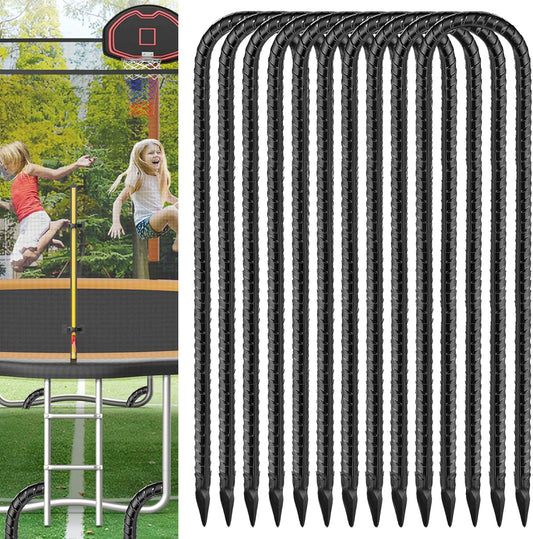 Black Trampoline Stakes Anchors High Wind 16inx10mm Galvanized U Hook 10pcs Rebar Stakes – Heavy Duty Ground Anchors for Trampoline,Yard & Inflatable,Landscape Metal Stakes for Outdoor Decorations