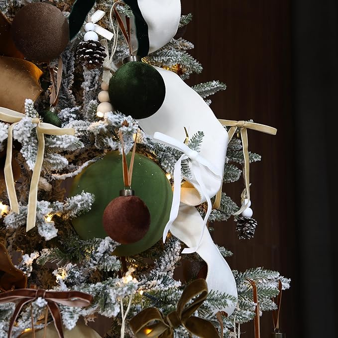 Sea Team 4-Pack Large Flocked Velvet Christmas Tree Ball Ornaments Set, Hanging Velour Baubles, Shatterproof Plastic Decorations for Xmas Tree, Wreath, Garland, 150mm/5.91 Inches, Olive Green