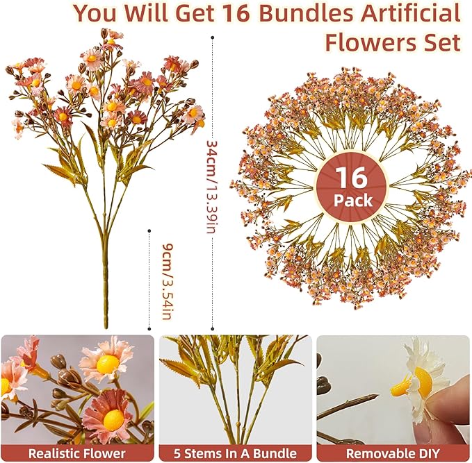 Artificial Daisy Flowers for Outdoor 16 Bundles Faux Daisy Flower UV Resistant No Fade Floral for Home Indoor Outside Garden Porch Window Box Balcony Yard Porch Fall Decor (Brown)