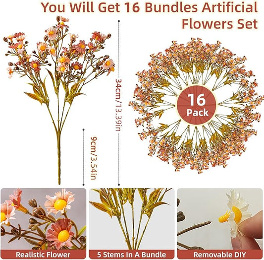 Artificial Daisy Flowers for Outdoor 16 Bundles Faux Daisy Flower UV Resistant No Fade Floral for Home Indoor Outside Garden Porch Window Box Balcony Yard Porch Fall Decor (Brown)