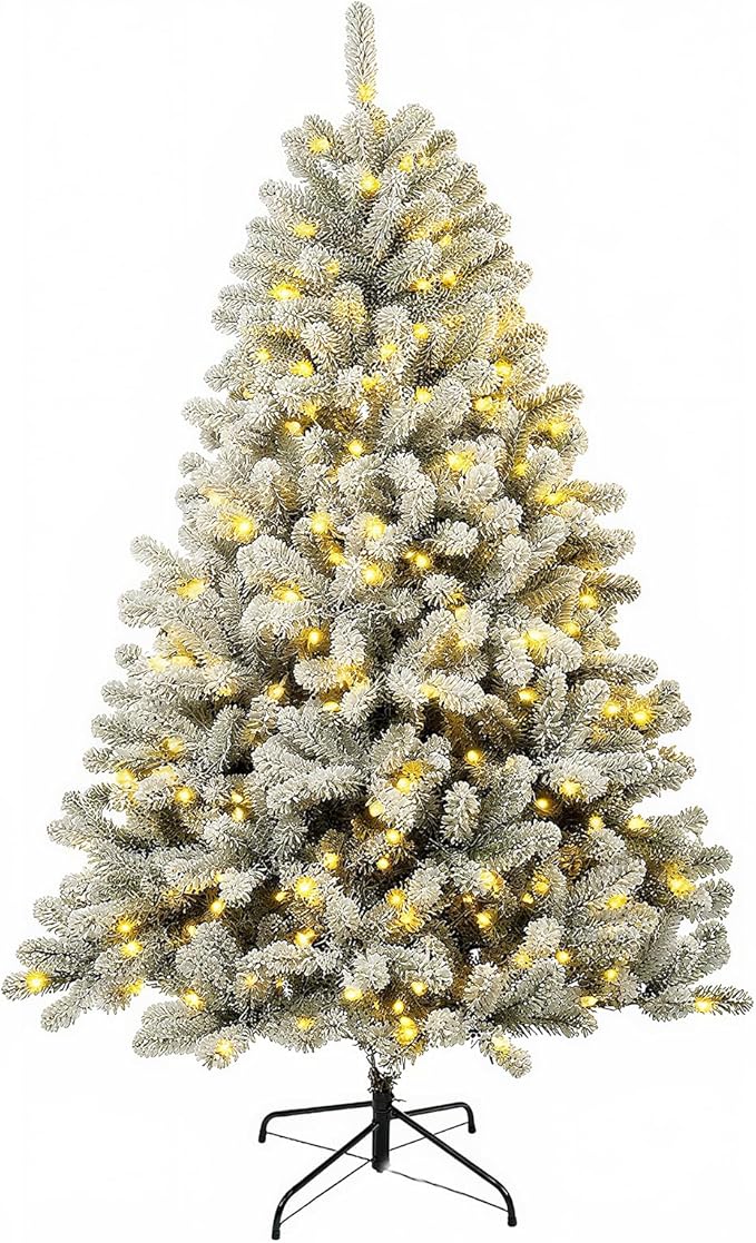 6ft Pre-Lit Snow Flocked Christmas Tree with 300 White Lights, 840 Full PVC Branch Tips,Mixed Green & White, Hinged Quick-Assembly Design, Lush Artificial Xmas Tree for Holiday Home Décor