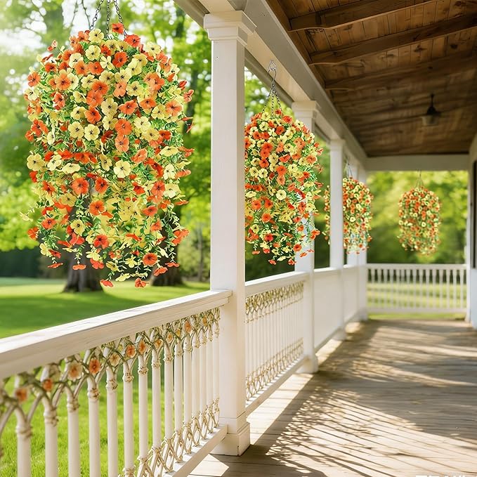 6 Bundles Artificial Fall Flowers for Outdoors Fake Plants Garden Home Fall Decor,UV Resistant Realistic Silk Faux Autumn Flower Indoor Outside Front Porch Patio Balcony Yard Farmhouse(Orange)