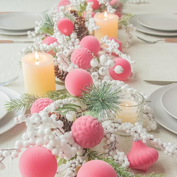 KI Store Velvet Christmas Balls Rose Pink 25pcs Flocked Christmas Tree Ornaments Assortment for Xmas Tree Holiday Decor