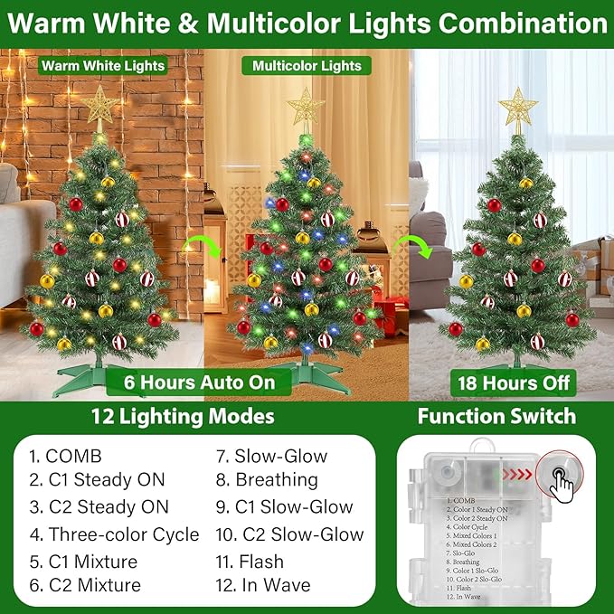 [ Remote Control & 12 Modes ] 3 Ft Christmas Tree with Timer 50 Warm White & Multi Color Lights, 15 DIY Ornaments 3D Star Topper - Artificial Small Green Christmas Tree for Home Indoor Tables - Green