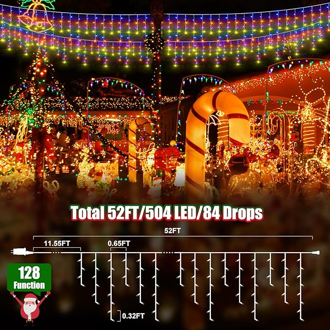 52FT RGB Christmas Lights Outdoor, 504 LED Outdoor String Lights Waterproof Plug in with 8 Modes & Timer, Color Changing Christmas Lights for Tree Party, Garden, Holiday Decorations