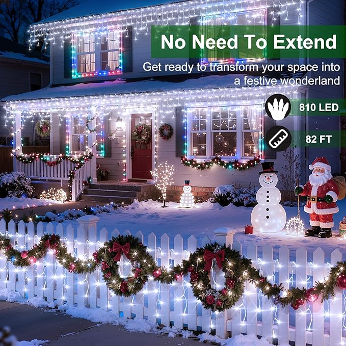 810 LED Christmas Lights with 180 Drops, 82ft 12 Modes Cool White Fairy String Lights with Timer Dimmable, Waterproof Twinkle Lights for Indoor Outdoor Holiday Wedding Party Eaves Christmas Decor