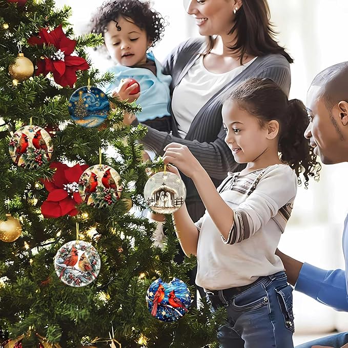 Nativity Night Ornaments Round Nativity Scene Ceramic Stained Glass Style Birth of Jesus Christ Hanging Ornament Christmas Keepsake Decor for Xmas Tree Winter Holiday Xmas Gift for Women Men 3"