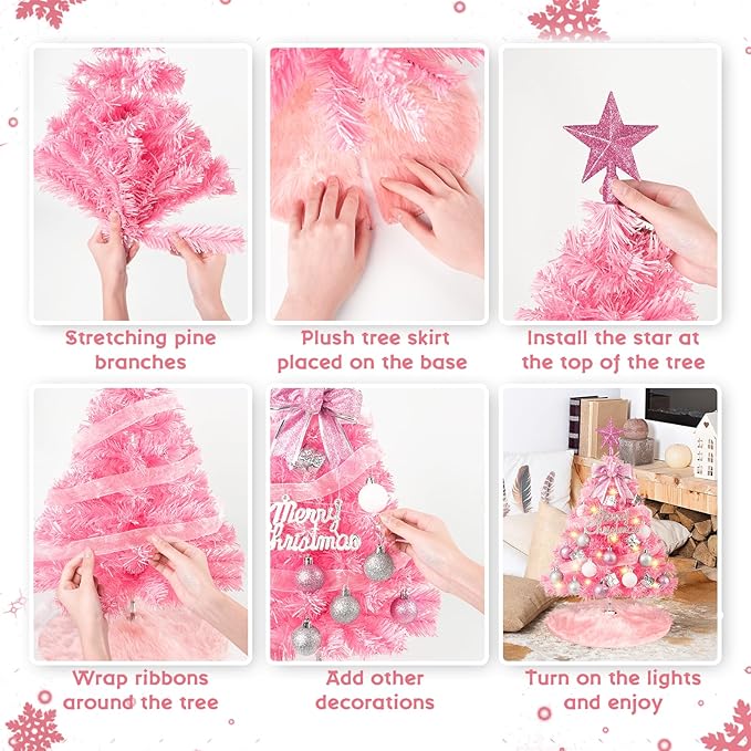 MACTING Mini Christmas Tree with 40 Lights, 2 FT Table Top Tree with Christmas Balls, Small Artificial Tree with Merry Christmas 8 Lighting Modes for Fireplace Desktop Home Indoor Xmas Decor(Pink)
