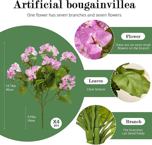 4 Pcs Artificial Flowers Bougainvillea Outdoor Artificial Plants Faux Flowers with Stems Silk Flowers for Wedding Porch Living Garden Decor(4PCS,White Purple)