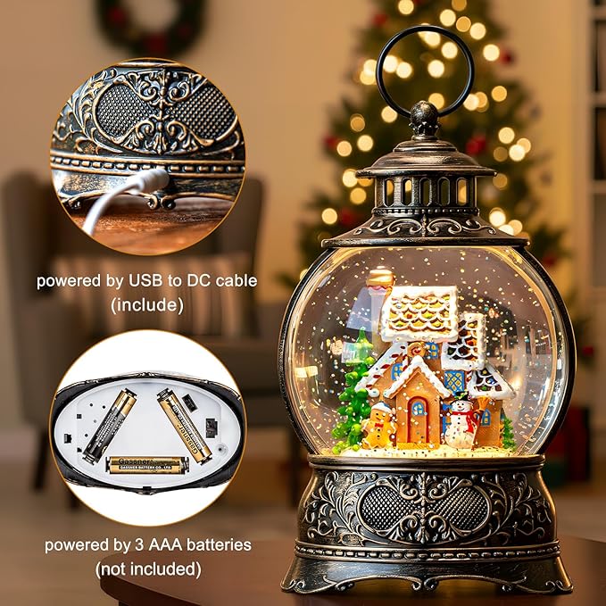Christmas Snow Globes Christmas Water Lantern with Gingerbread Man & Snowman, Music & 6H Timer, USB Lined/Battery Operated Lighted Lanterns for Xmas Festival Decoration Gifts