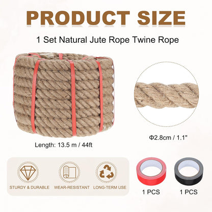 MECCANIXITY Jute Rope 1.1 Inch x 44ft, Thick Twine Rope Ropes Braided Jute Twine Natural Brown Burlap Cord String Heavy Twisted with Tapes for Decorative Crafts Railing Swing Tug of War