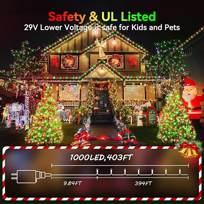 Hezbjiti 1000 LED 403 FT Christmas String Lights Outdoor, 8 Lighting Modes IP44 Waterproof Fairy Lights with Timer and Dimmable Function for Home Party Tree Decorations (Red+Green, Clear Wire)