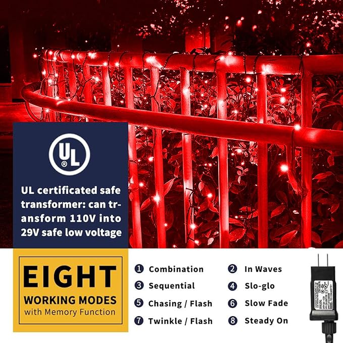 XTF2015 105ft 300 LED Christmas String Lights, End to End Plug 8 Modes Christmas Lights - UL Certified - Outdoor Indoor Fairy Light Christma s Tree, Patio, Garden, Party, Wedding, Holiday (Red)