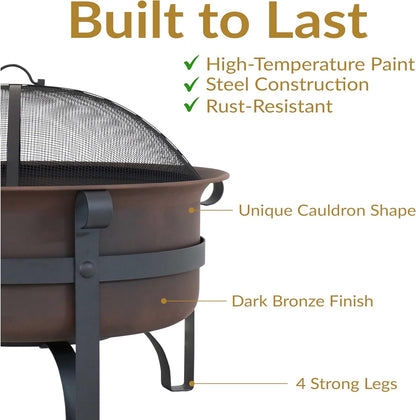 Sunnydaze 29-Inch Wood-Burning Outdoor Fire Pit - Bronze Cauldron Wood Fire Pit for Outside - Includes Poker and Spark Screen