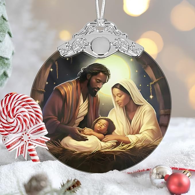 Nativity Christmas Ornaments, 3" Stained Glass Christmas Decor, Religious Ornaments for Christmas Tree, Christian Gifts for Kids, Religious Gifts for Women, Perfect for Holiday Party, Window, Tree