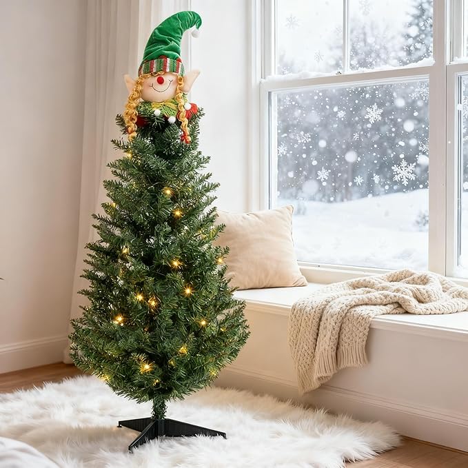 3FT Green Christmas Tree with Santa Claus Decoration, Pre-Lit Artificial Mini Christmas Tree with 30 Warm White Lights, Skinny Xmas Tree Include 129 Branches, Metal Stand, for Indoor Outdoor Decor