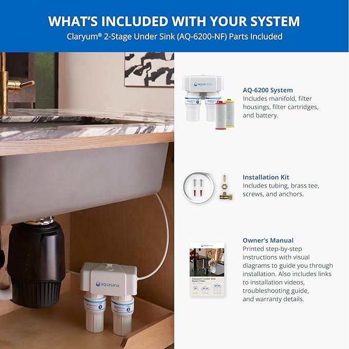 Aquasana Under Sink Water Filter | 2-Stage Filtration | Reduces up to 99.99% of PFAS, Lead, Chlorine, Cysts, & More | Under Counter Drinking Water Filter | AQ-6200-NF