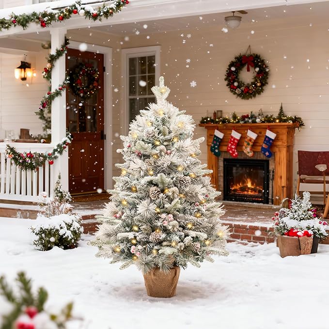 3FT Pre-lit Snow Flocked Christmas Tree, Tabletop Artificial Christmas Tree, Mini Christmas Tree with Pine Cones & Red Berries for Home, Shop Décor