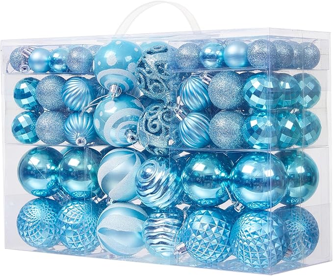 100PCS Christmas Ball Ornaments, Assorted Shatterproof Christmas Tree Decorations, Seasonal Decorative Hanging Baubles Decor Set for Xmas/Holiday/Party, Glitter&Painting Ornament Set (Light Blue)