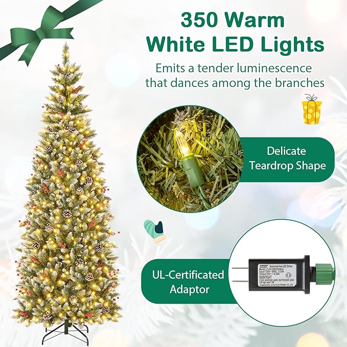 GOFLAME 7FT Pre-Lit Pencil Christmas Tree, Artificial Xmas Tree with 818 Branch Tips, 40 Pine Cones, 39 Clusters of Red Berries & 350 Warm White LED Lights, Holiday Decoration Tree for Home Party