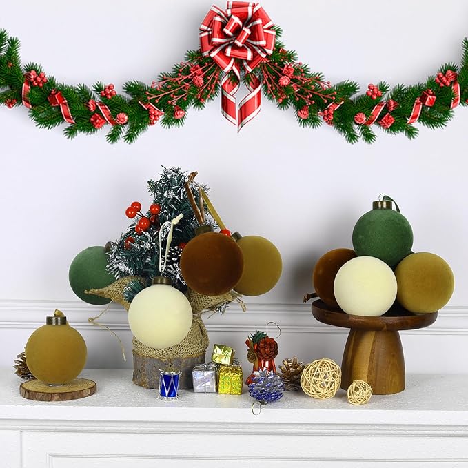 12 Pcs Velvet Christmas Balls Bulk Shatterproof Plastic Christmas Tree Decorations for Decorative Hanging Baubles (12, Brown、Green、Beige、Khaki, 3.94Inch)
