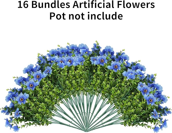 Artificial Faux Plants Flowers for Outdoor Outside Summer Decoration,16 Bundles UV Resistant Realistic Blue Plastic Fake Silk Daisy for Indoor Outside Greenery Boxwood Garden Home Planter Porch Patio