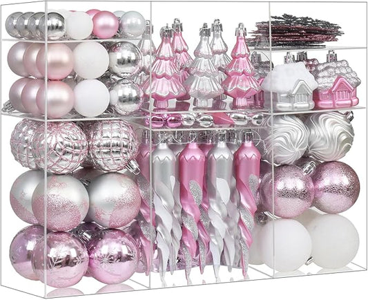 124Ct Pink White and Silver Christmas Ornaments Set, Shatterproof Assorted Christmas Decorations for Xmas Tree Snowflake Icicle House Ball Ornaments Baubles for Holiday Party(Pink White Silver)
