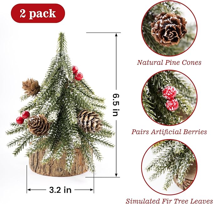 2 Pack Artificial Christmas Tabletop Mini Pine Trees, 6.5 in Tall Lighted Holiday Decorations with Wooden Base, Red Berries, Pine Cones Snowflake for Home Table Windowsill Office Desk Mantel