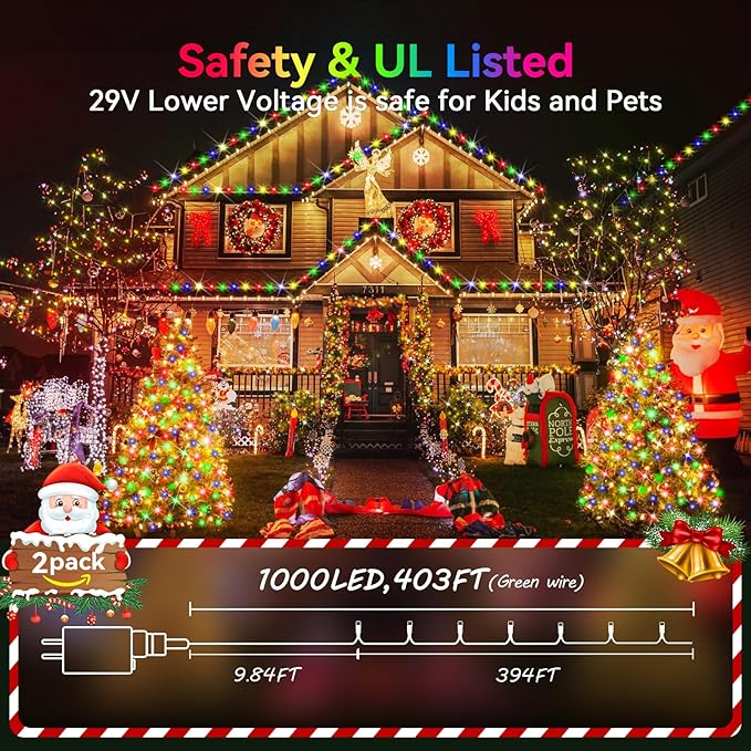 Hezbjiti 2 Pack 1000 LED 403 FT Christmas String Lights Outdoor, 8 Lighting Modes IP44 Waterproof Fairy Lights with Timer and Dimmable Function for Party Tree Decorations (Multicolor, Green Wire)