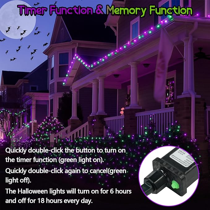 2-Pack 66FT 200 LED Extendable Halloween String Lights, Purple and Green Halloween Decorations Outdoor Indoor Tree Lights,13 Modes Plug in Mini Fairy Lights Waterproof with Timer and Memory Function