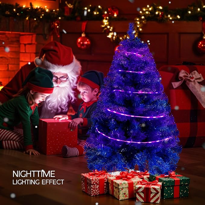 Blue 3ft Christmas Tree with Lights, Small 36inch Artificial Tree Mini Table Top Decorations, Xmas Desk Tree with 80 Colored Lights, 200 Branch, Holiday Decor for Home,Indoor Office Tabletop