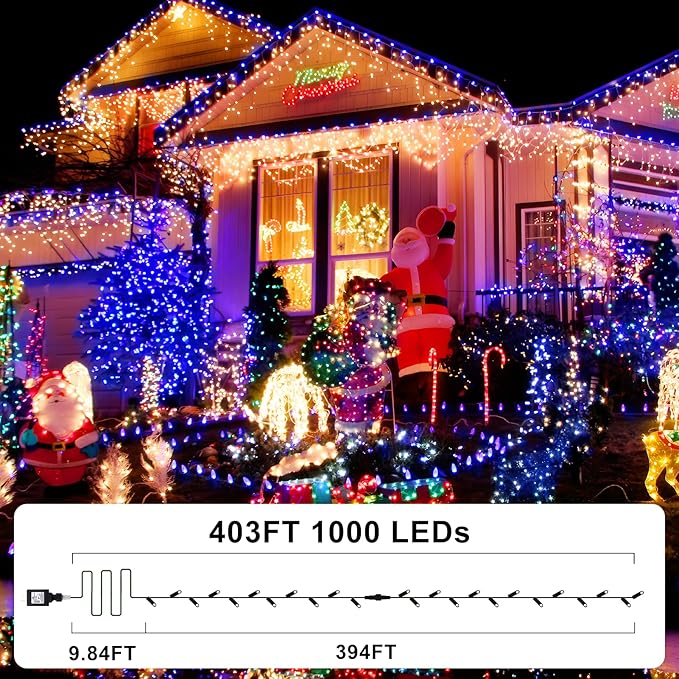 KNONEW 403ft 1000 LED Christmas Lights Outdoor String Light with Remote Control 8 Modes and Timer Memory, Green Wire Waterproof Fairy Lights Decorations for Xmas Tree Wedding Decor (Blue)