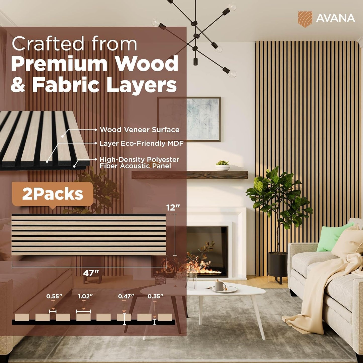 Avana Acoustic Wood Wall Panels – 47.2 X 12.6 White Oak Acoustic Panels 2 PCs – Modern Wall Panels For Interior Wall Decor For Homes, Offices, Studios – Sturdy And Durable Wood Panels For Wall