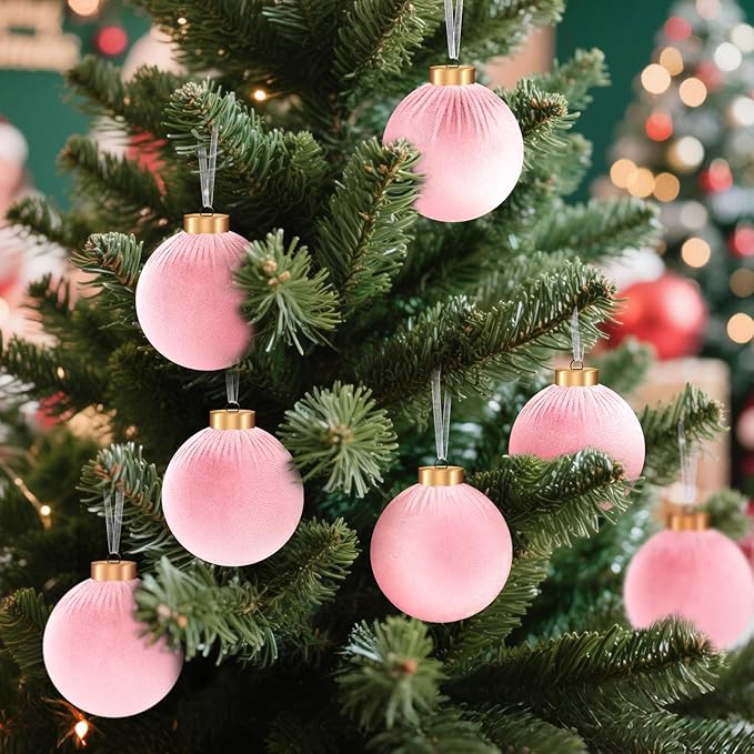 9 Pcs Pink Christmas Tree Ornaments Set, 80mm/3.15in Large Velvet Christmas Balls for Xmas Tree Decorations Shatterproof Hanging Flocked Balls Ornaments Baby Pink