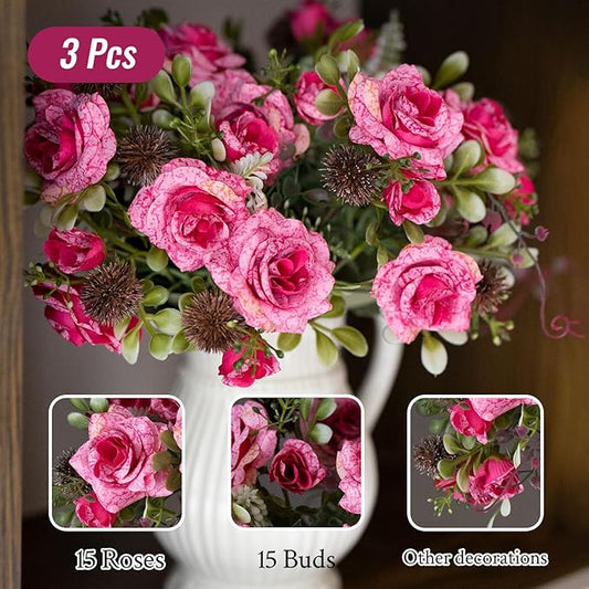 3 Bundles Fall Artificial Flowers Bouquet, Autumn Fake Roses Bouquet Faux Fall Floral Arrangements for Centerpiece Table Wedding Party Home Decor (Pink)