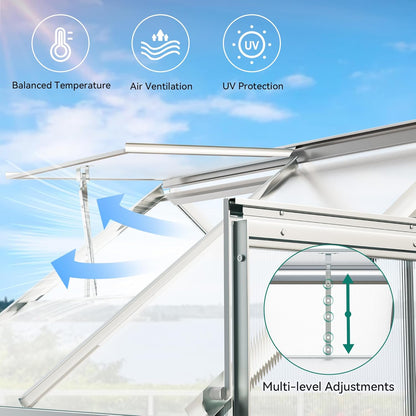 YITAHOME 6x4FT Polycarbonate Greenhouse Heavy Duty Green Houses Outdoor Aluminum Greenhouses with Sliding Doors Vent Window Walk-in Greenhouse Large Sun House for Garden Backyard, Sliver