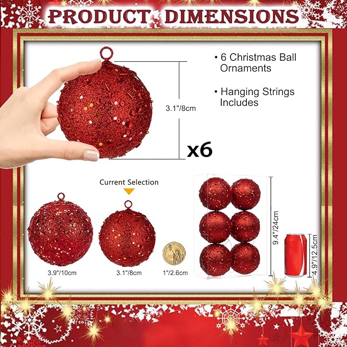 3.15" Large Christmas Balls Ornaments 6 Pcs Shatterproof Big Red Christmas Ornaments for Xmas Tree Bulk Glitter Big Xmas Tree Ornament for Trees Halloween Holiday Wedding Party Decoration