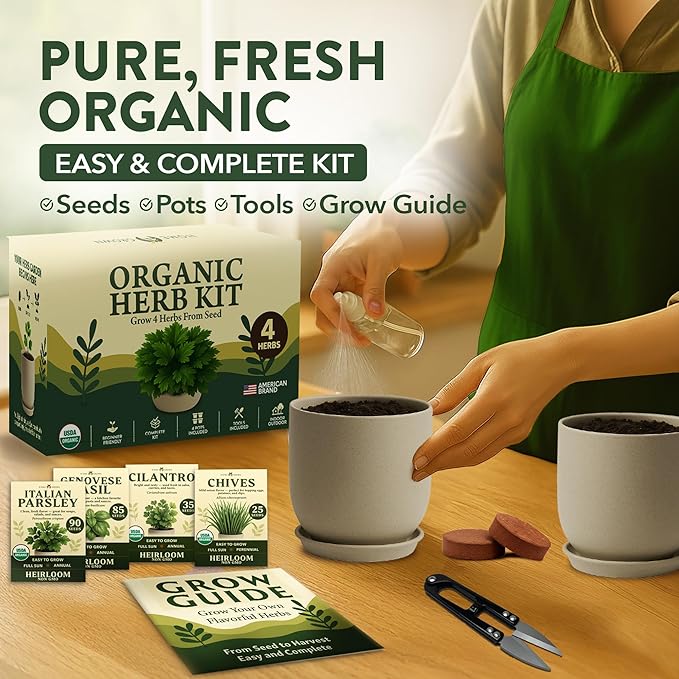 HOME GROWN Indoor Organic Herb Garden Kit – Unique Christmas Gift for Adults, Men, & Women - Grow 4 Herb Seeds for Kitchen Window Garden – Beginner DIY Hobby Gardening Gift for Plant Lovers, Mom & Dad