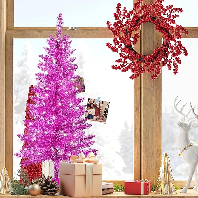 4ft Artificial Full Pink Christmas Tree with Separate Lights, Not Pre-lit Mini Pink Tinsel Pine Christmas Tree, 50 Lights, Small Xmas Tree for Home, Office, Party Decoration, Indoor