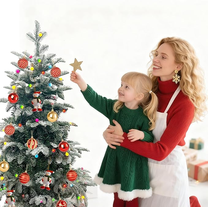 4Ft Pre-Lit Artificial Snow Flocked Christmas Tree, PE & PVC Mixed Layered Christmas Tree Hinged Tree with Lights and Metal Stand, Slim Xmas Tree for Holiday Decor