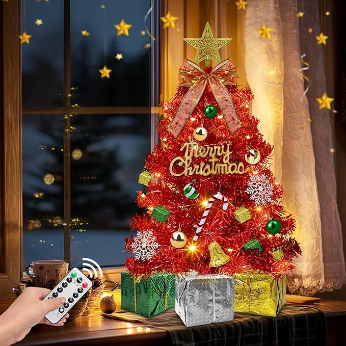 Dual Color Change&Remote Control 24 Inch/2FT Red Tabletop Christmas Tree with Lights Timer, 20 LED Warm White&Colored Lights 8 Modes 27 Orantments Star Boxes Mini Small Xmas Tree Home Holiday Decor