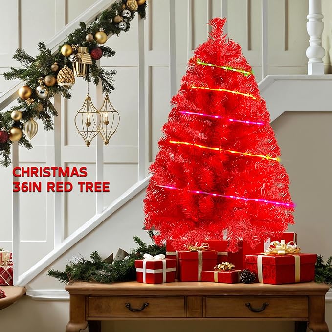 Red 3ft Christmas Tree with Lights, Small 36inch Artificial Tree Mini Table Top Decorations, Xmas Desk Tree with 80 Colored Lights, 200 Branch, Holiday Decor for Home,Indoor Office Tabletop
