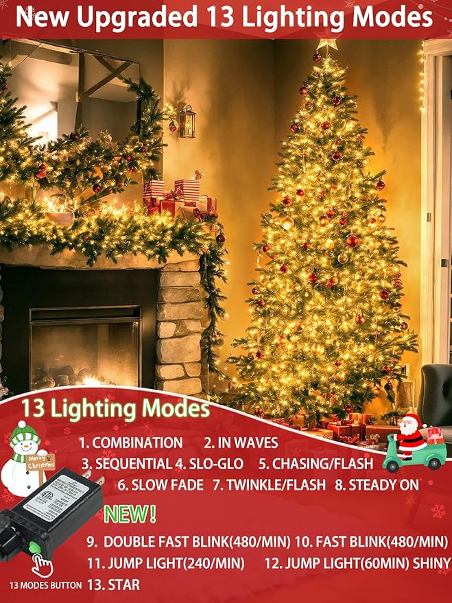 2-Pack 66FT 200 LED Christmas Lights, 13 Modes Extendable Christmas Tree Lights with Timer & Memory, Waterproof Twinkle Fairy Lights Green Wire Outdoor String Lights Indoor for Xmas Tree (Warm White)