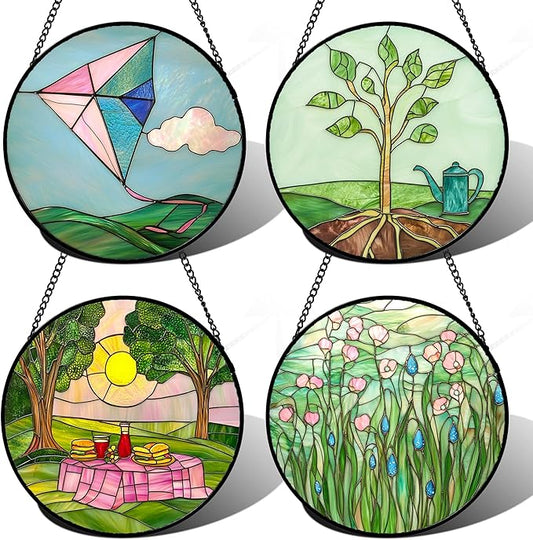 Stained Glass Window Hanging 4 Pcs Set Pink Green Spring Saplings Flowers 7.8" - Suncatcher Door Garden Sun Catcher Home Decor Mother's Day for Woman Nana Mom Men